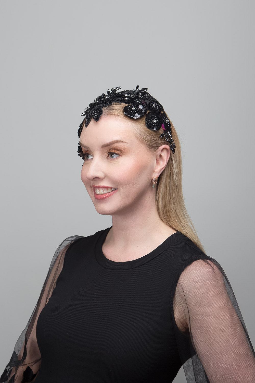 Black Beaded Caplet Headband