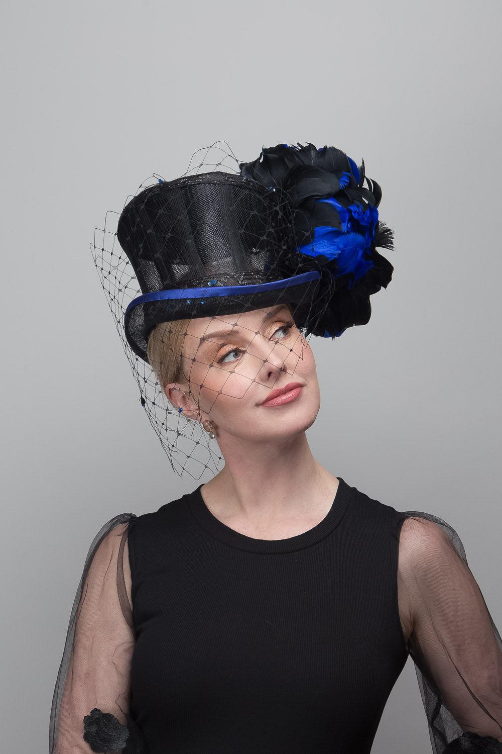 Black Blue Flower Top Hat