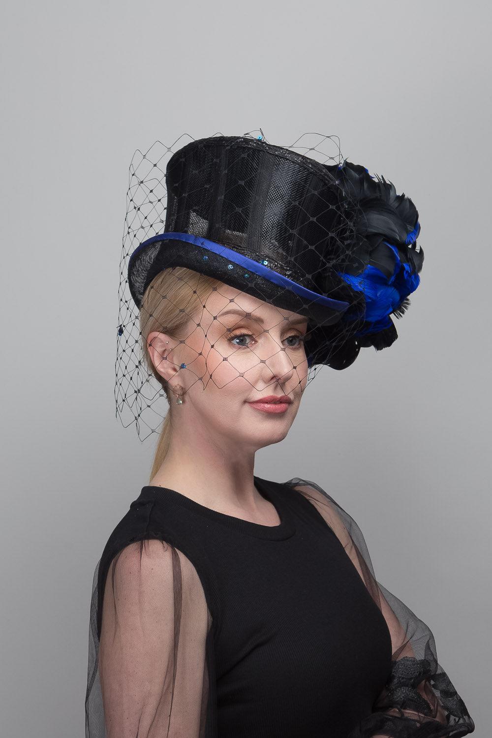 Black Blue Flower Top Hat