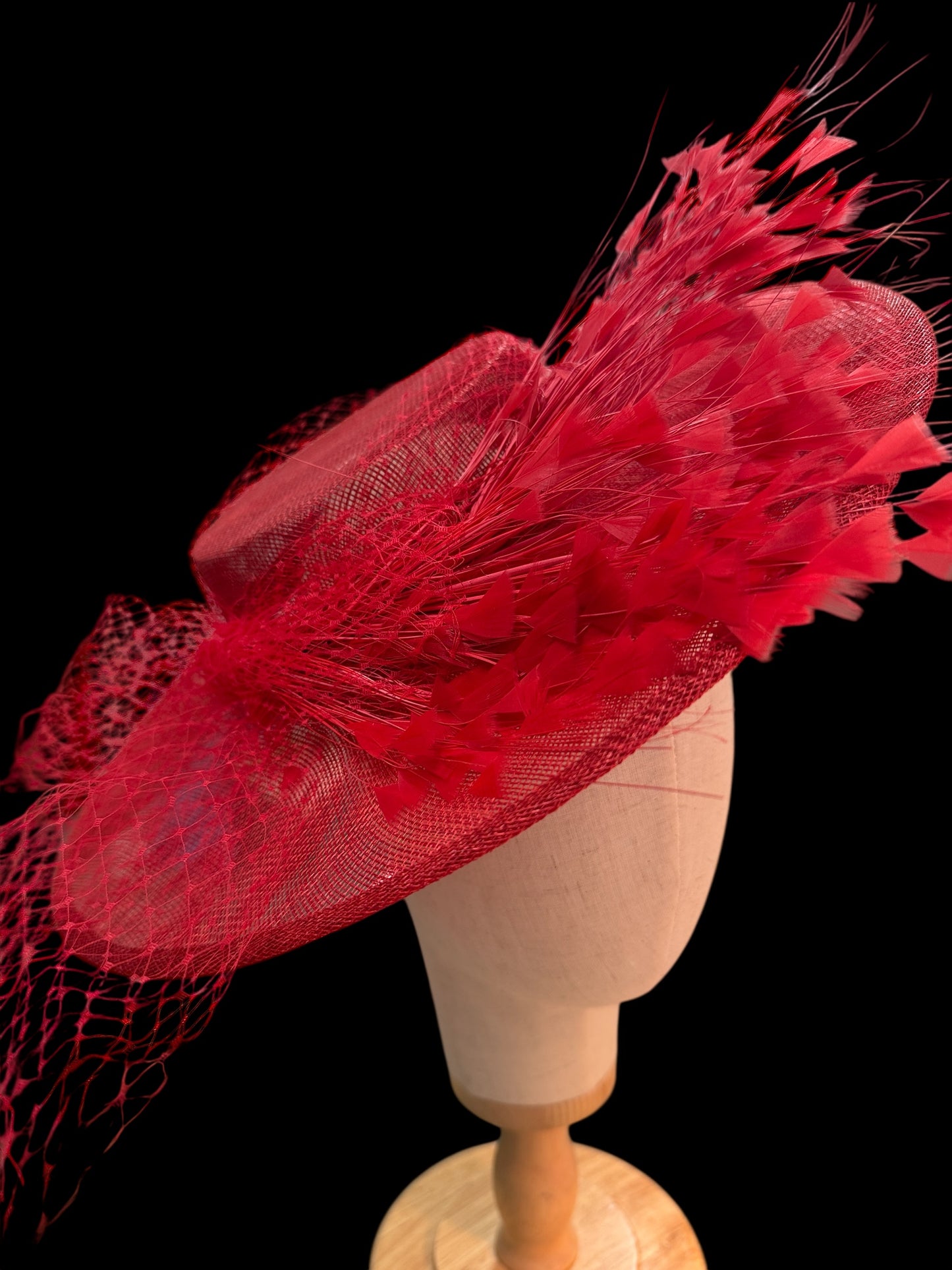 Red Boater with Feather Trim