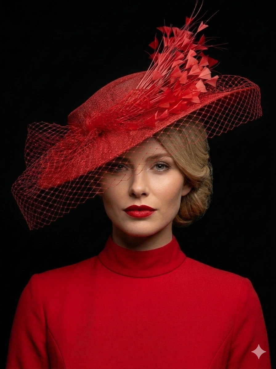 Red Boater with Feather Trim