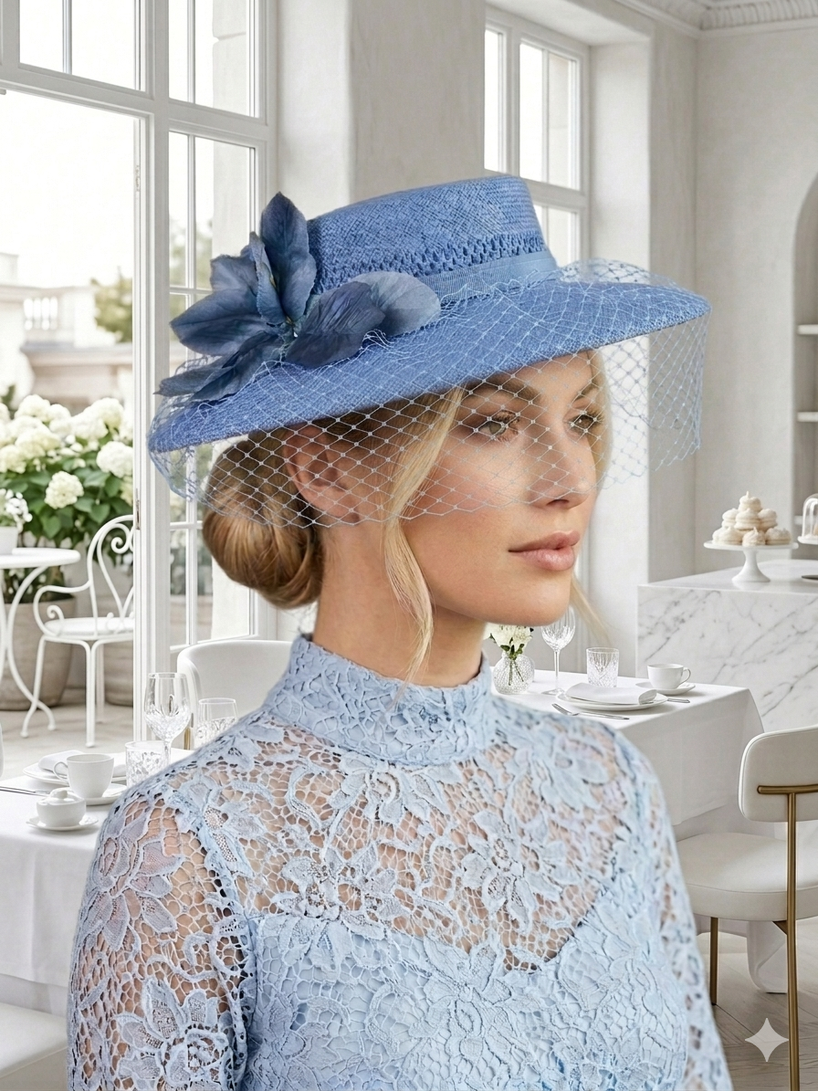 Blue Short Brimmed Hat with Veiling