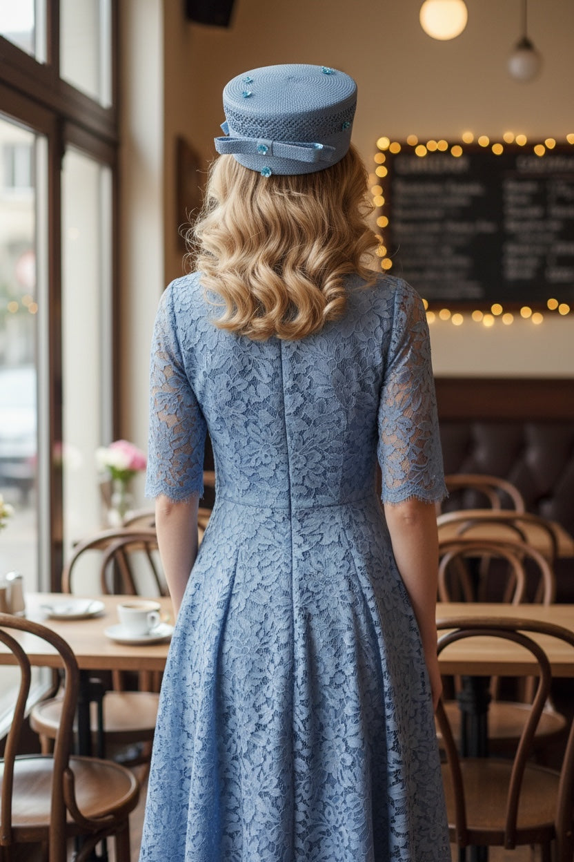 Blue Straw Pillbox with Bow