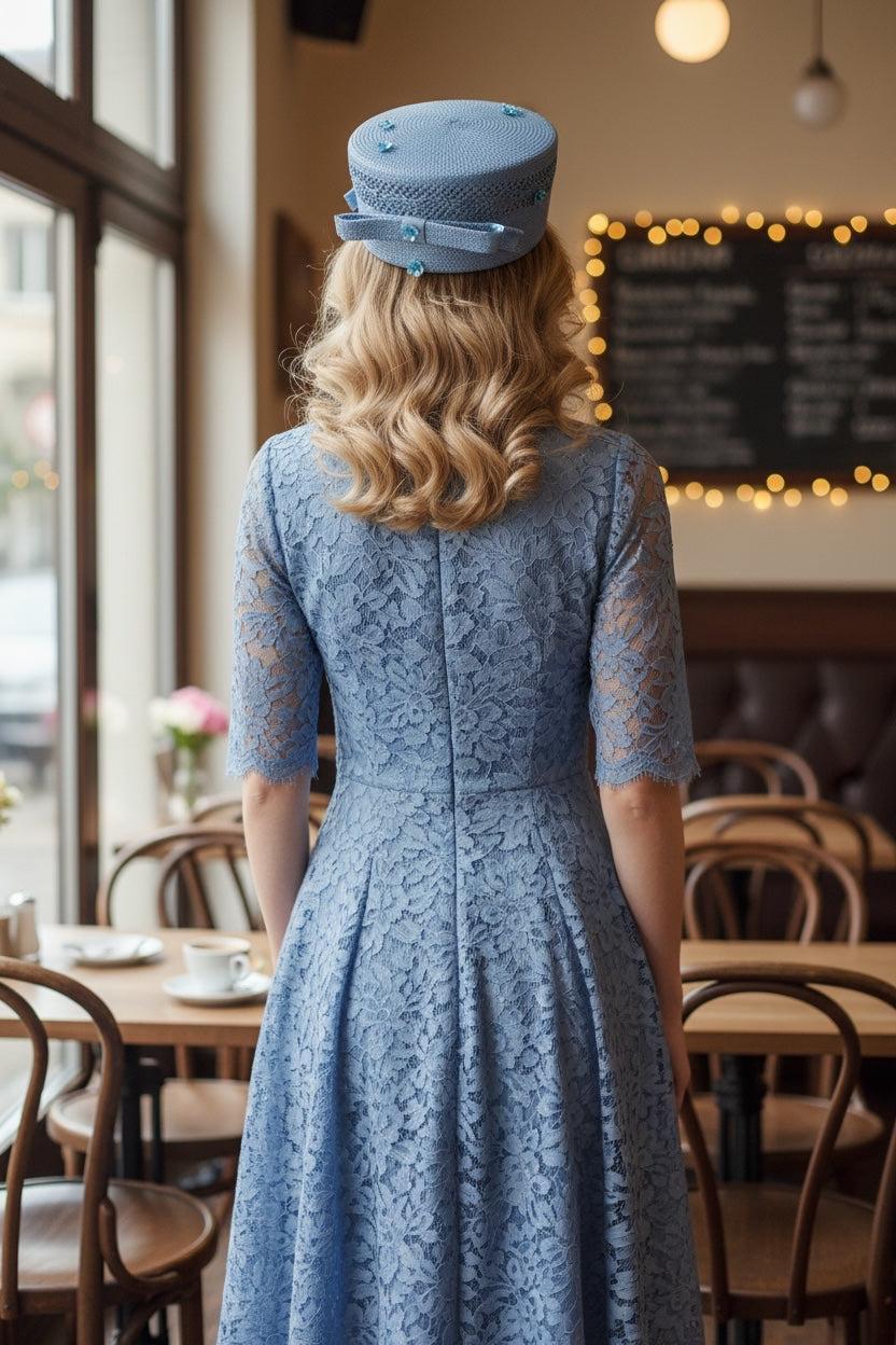 Blue Straw Pillbox with Bow