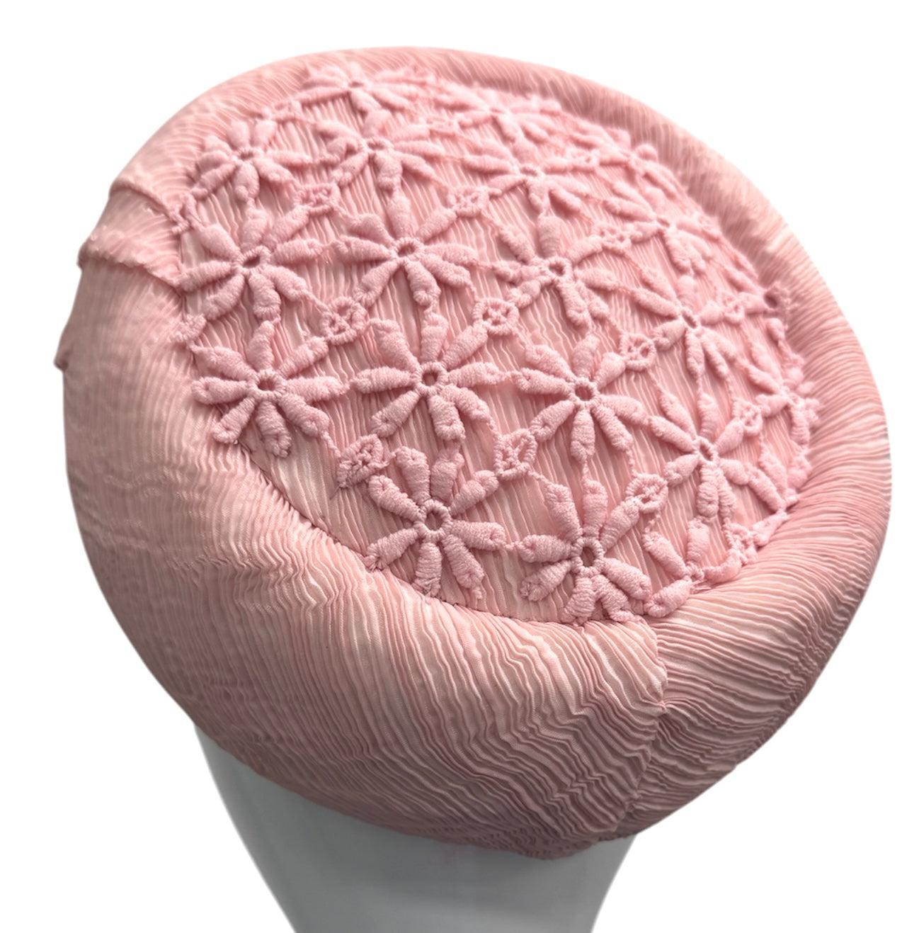Pink Textured Pillbox Hat - 1950s Elegance