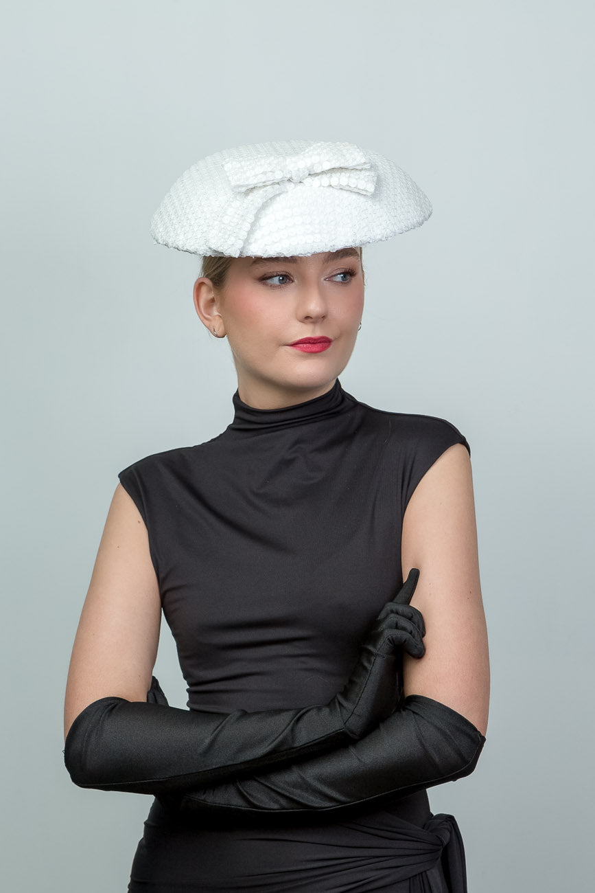 White Sequinned Fabric Flat Brim Hat