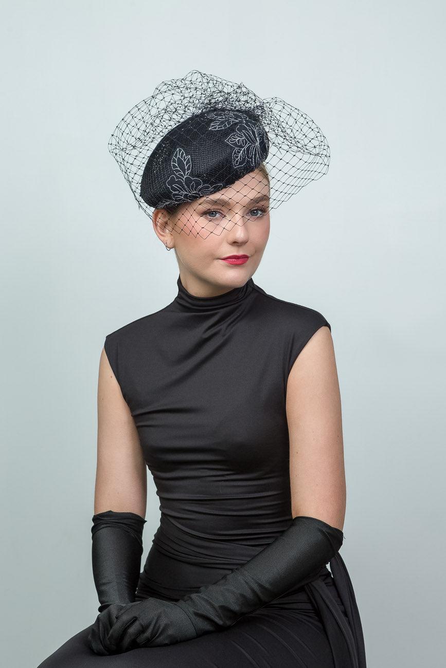 Black Beret Style Hat with Veil