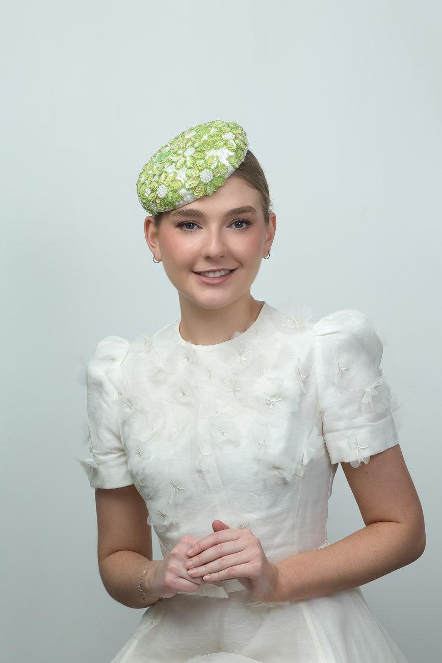Green and White Beaded Button Hat