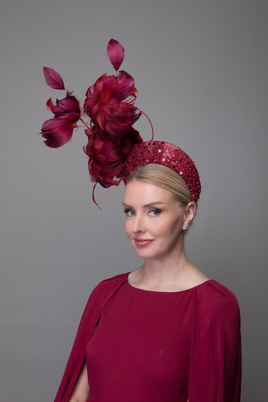 Burgundy Feather Crown Fascinator