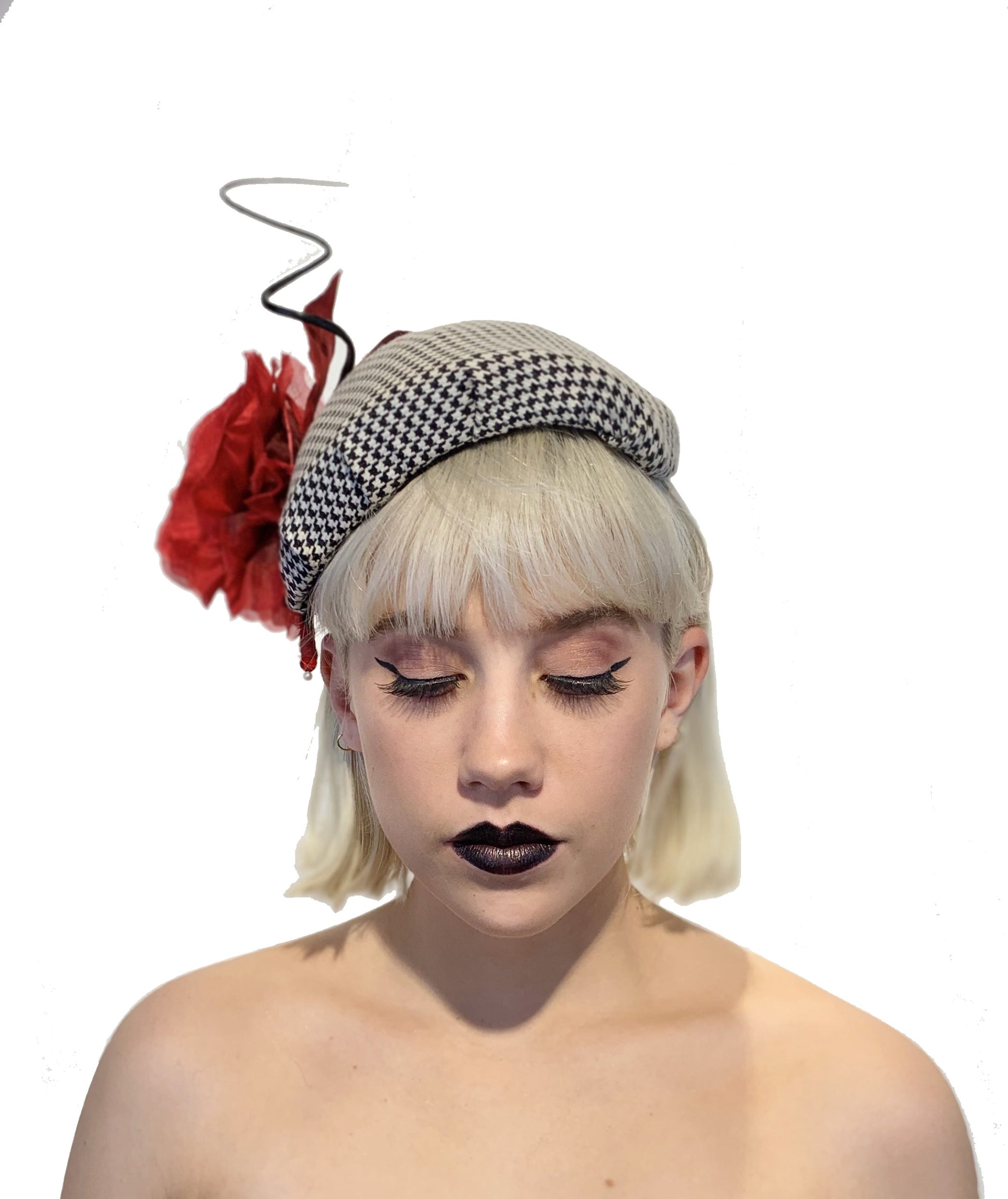 Red Silk Flower Hat on black and white
