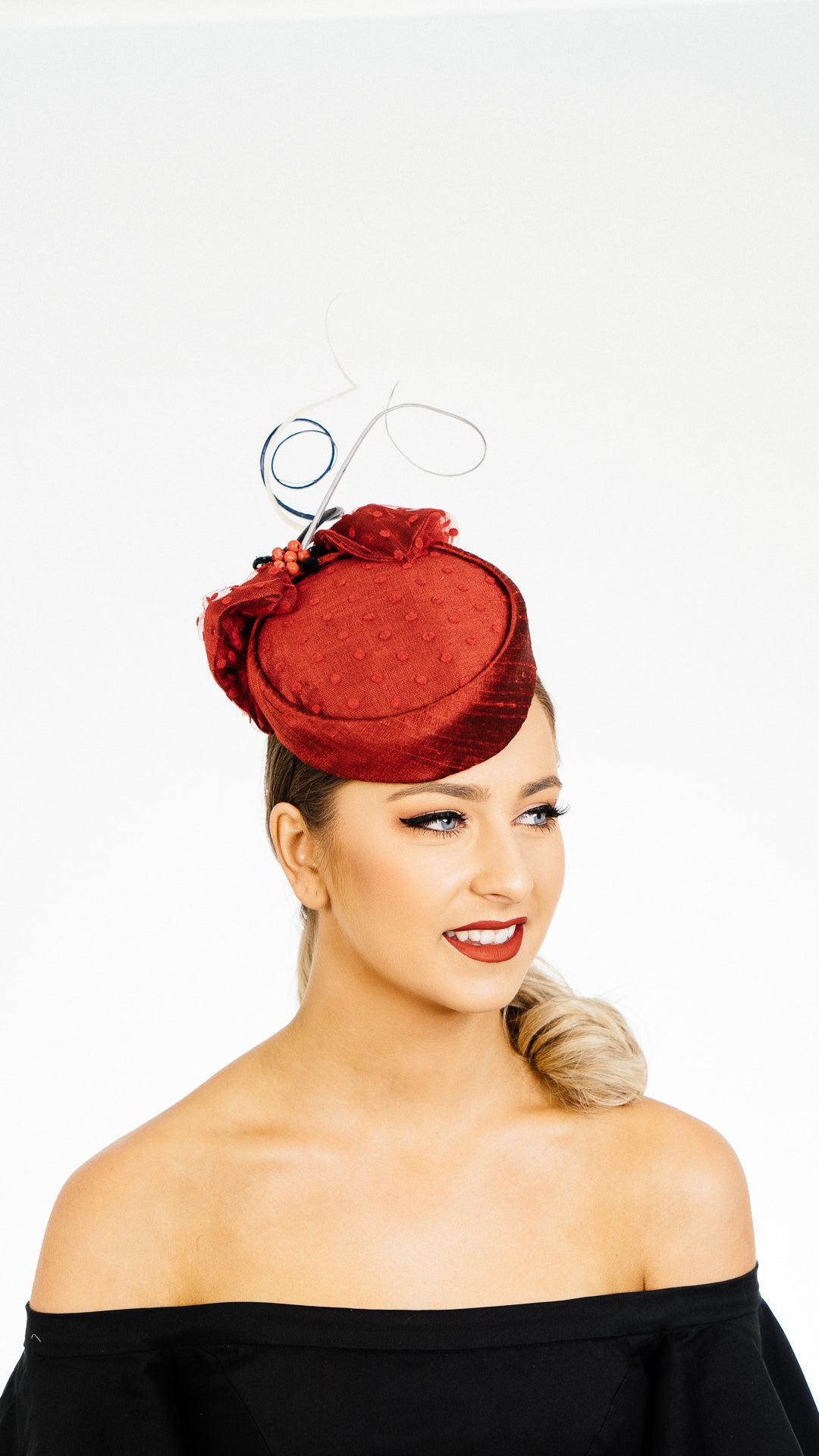 Red Silk Pillbox Hat Button shape