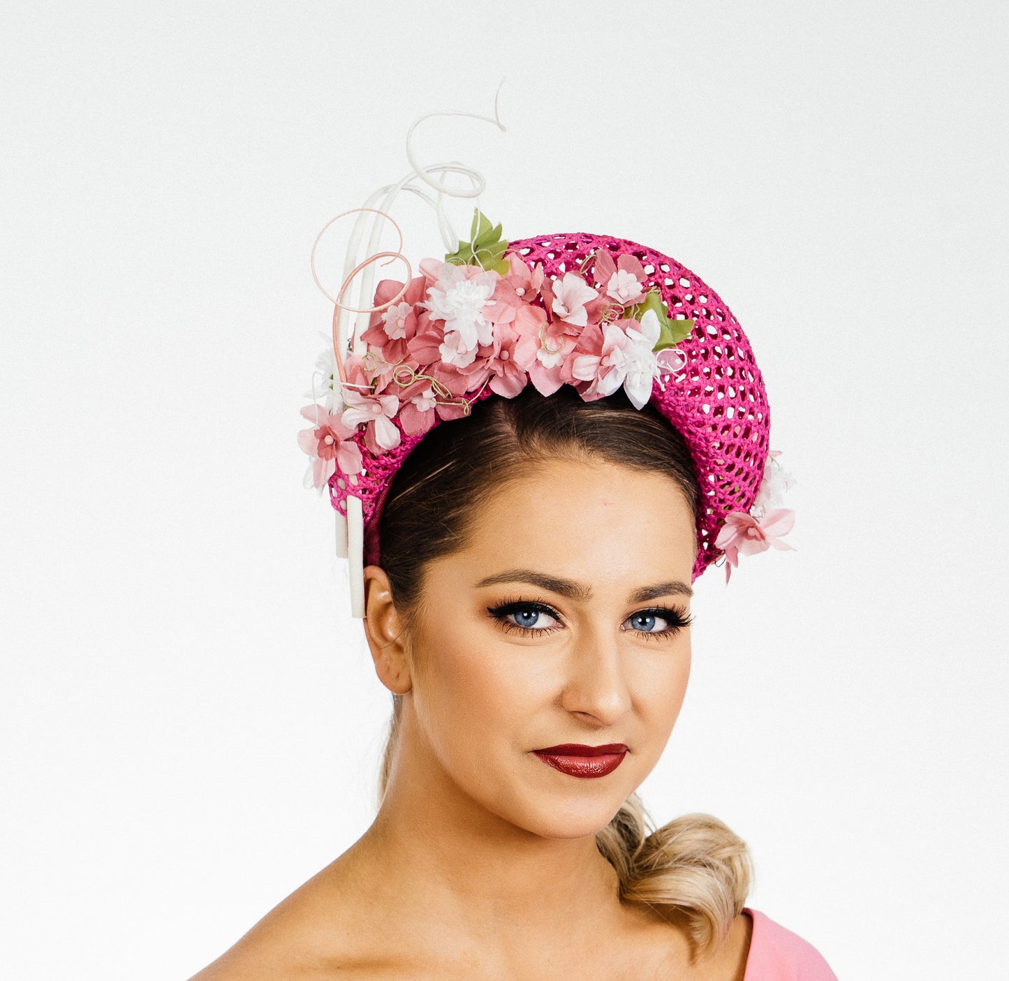 Pink Mesh Crown Headband Silk Flowers