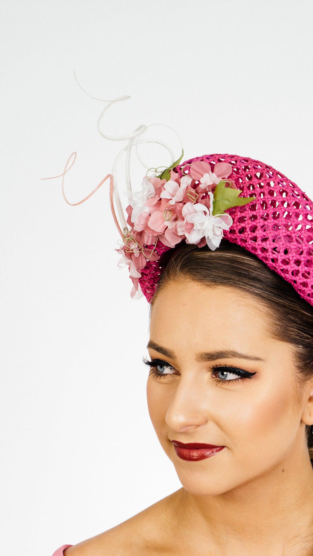 Pink Mesh Crown Headband Silk Flowers