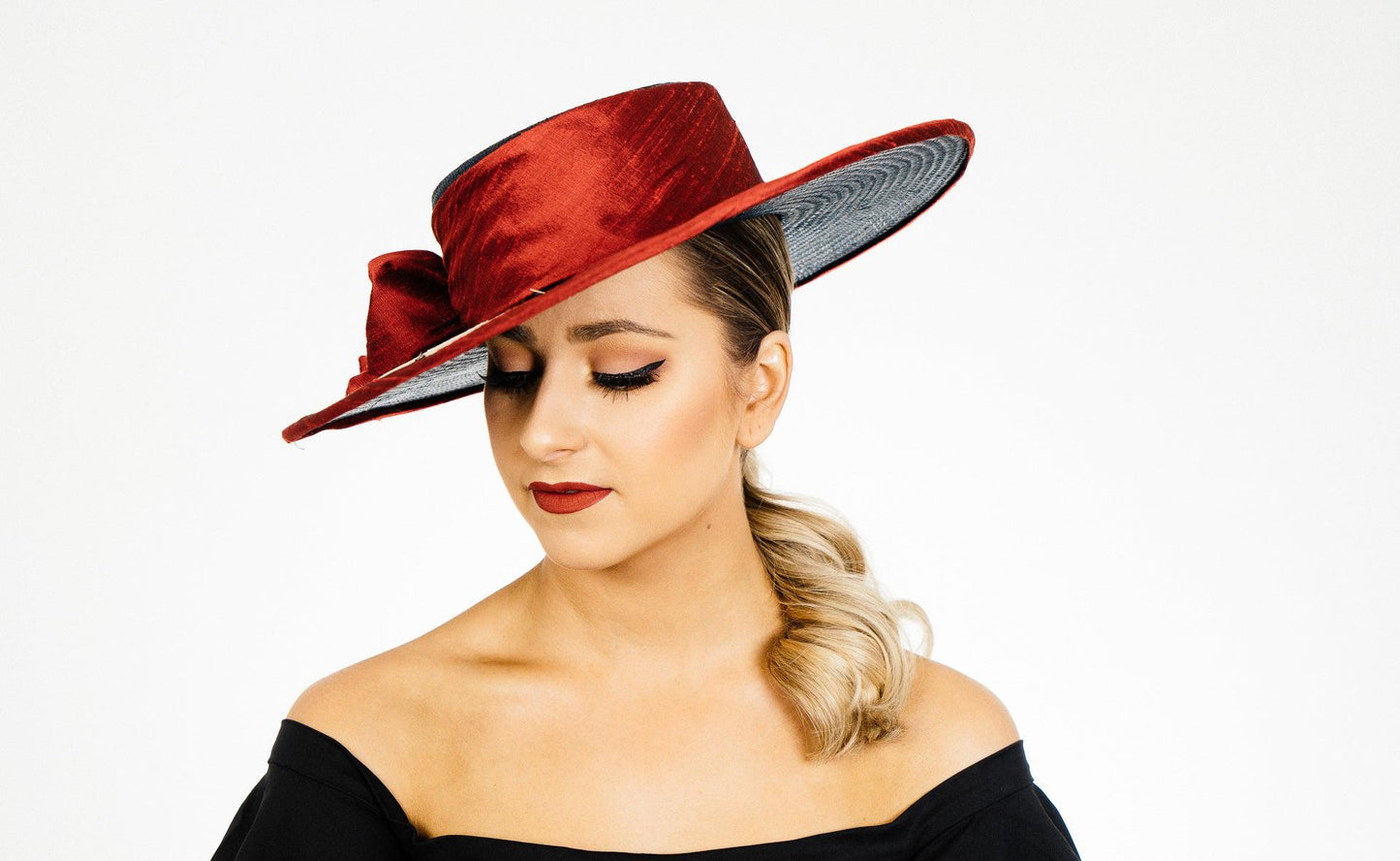 Black Floral Brim Hat Red silk bow