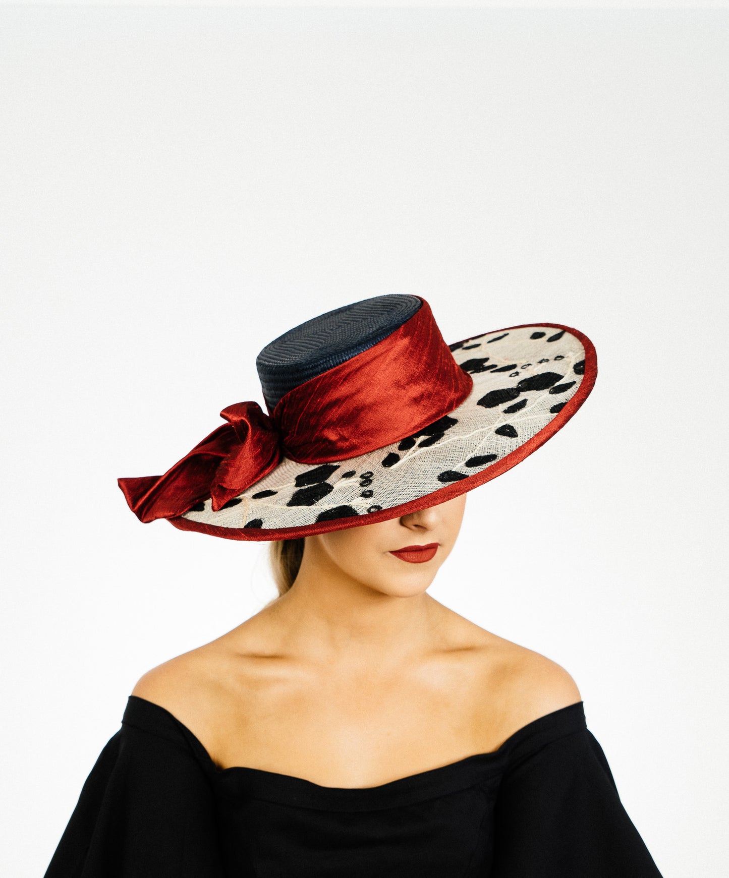 Black Floral Brim Hat Red silk bow