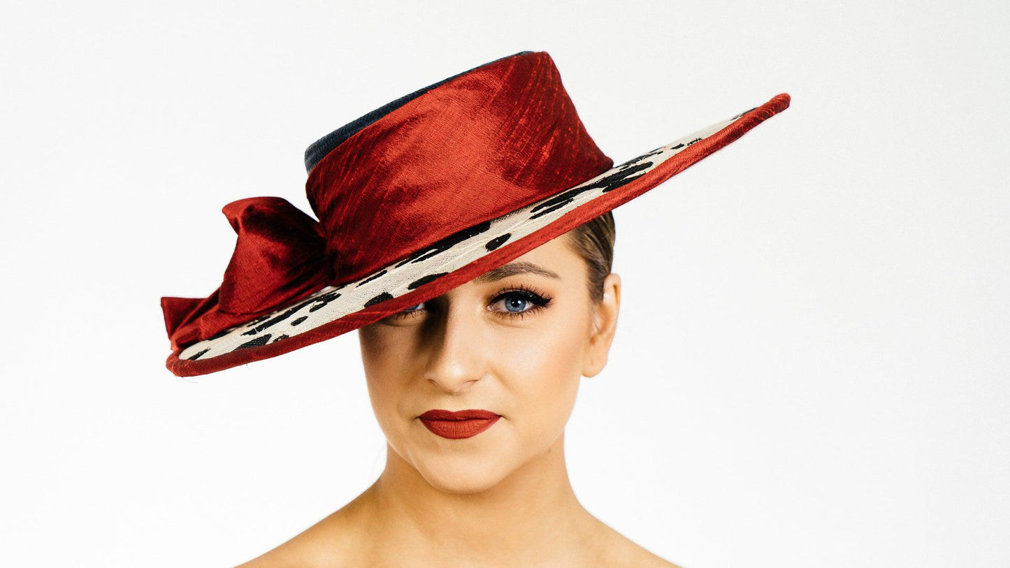 Black Floral Brim Hat Red silk bow