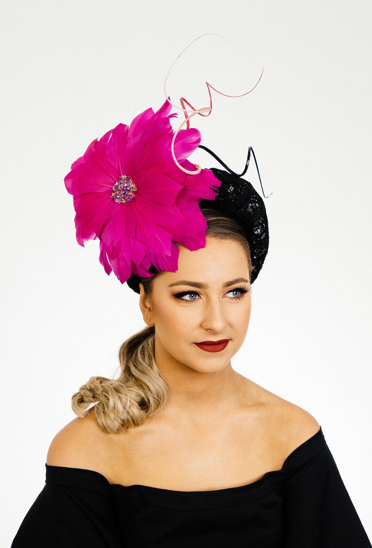 Cerise Pink Flower Headband Feathers