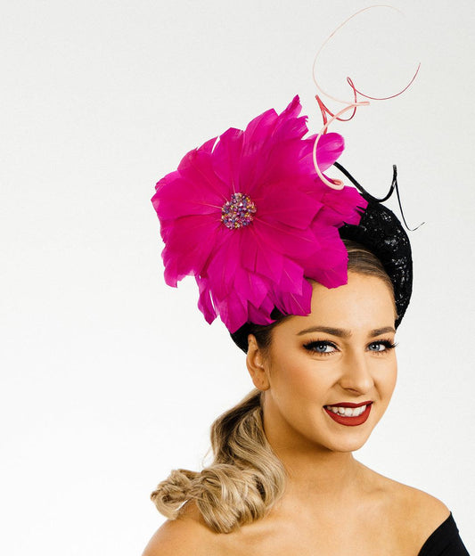 Cerise Pink Flower Headband Feathers