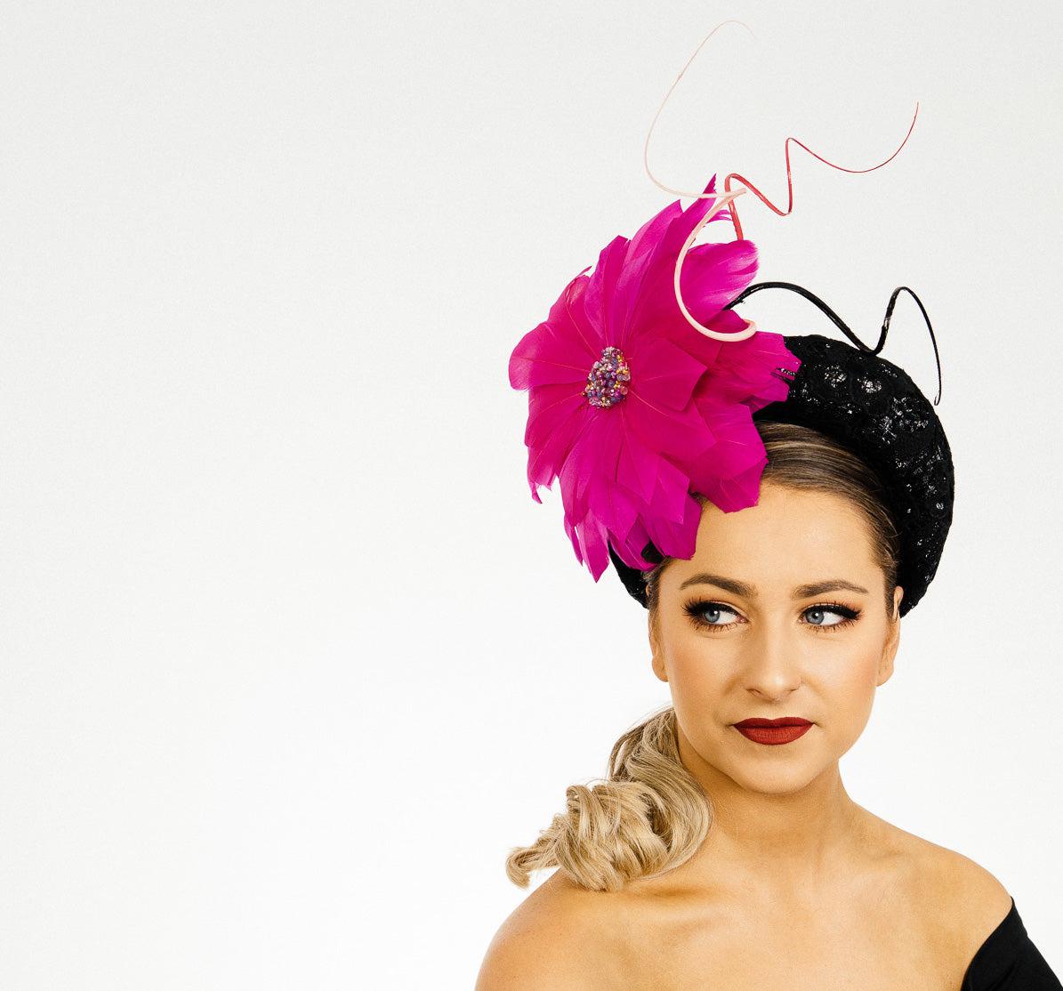 Cerise Pink Flower Headband Feathers