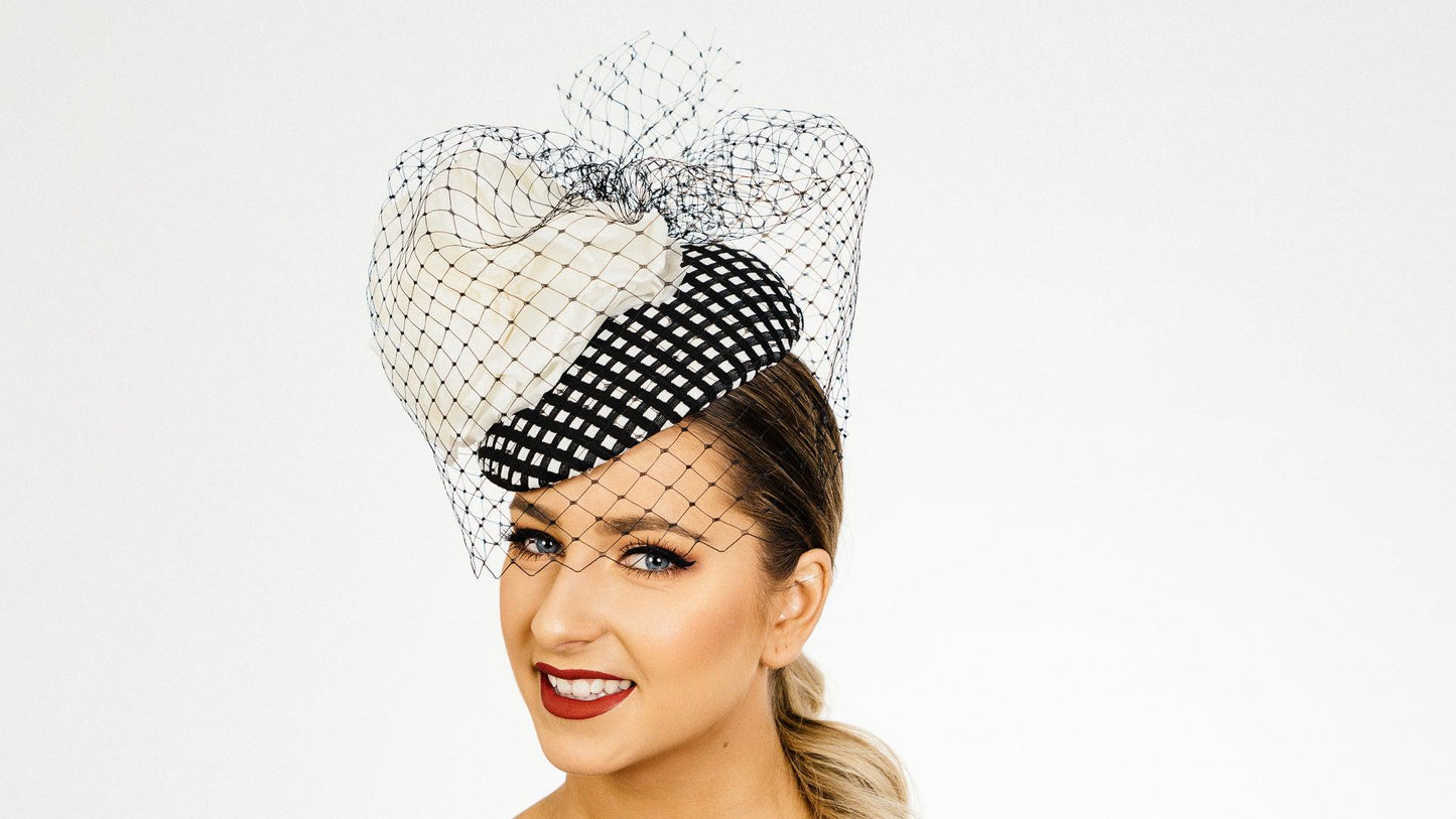 Black White Teardrop Button Hat with Veiling