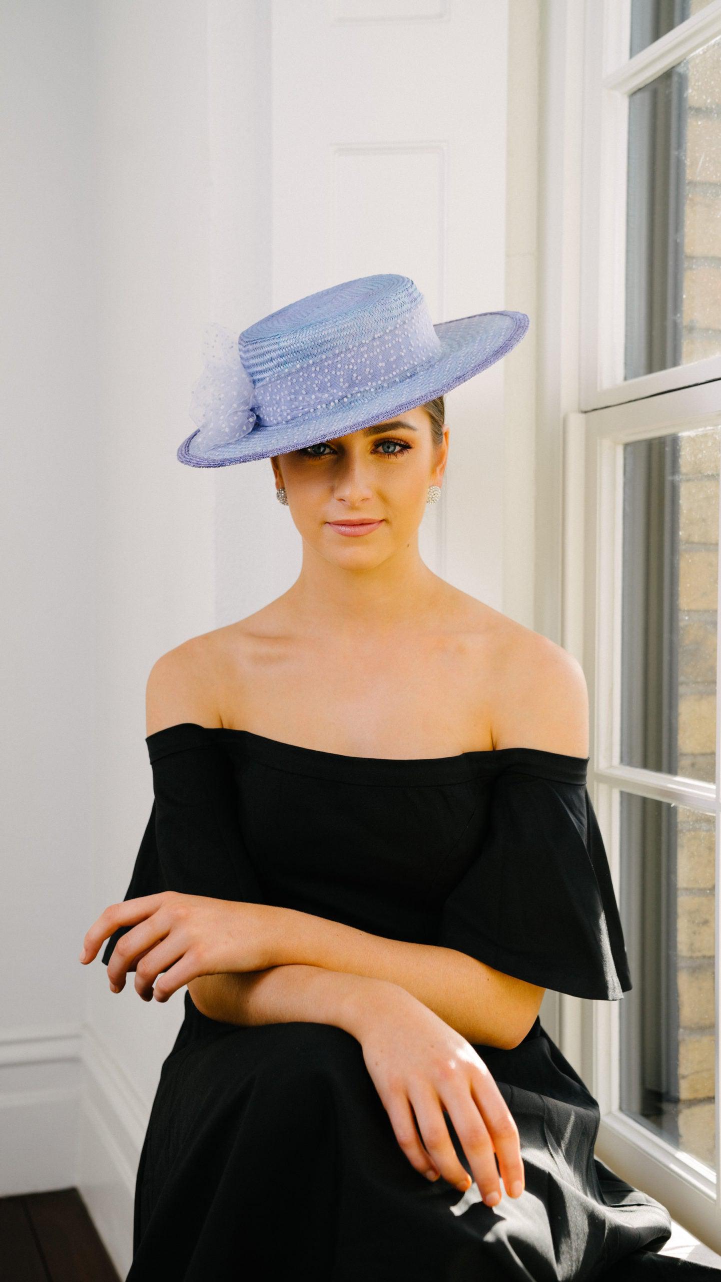 Lavender Straw Boater Hat Tulle in a Bow