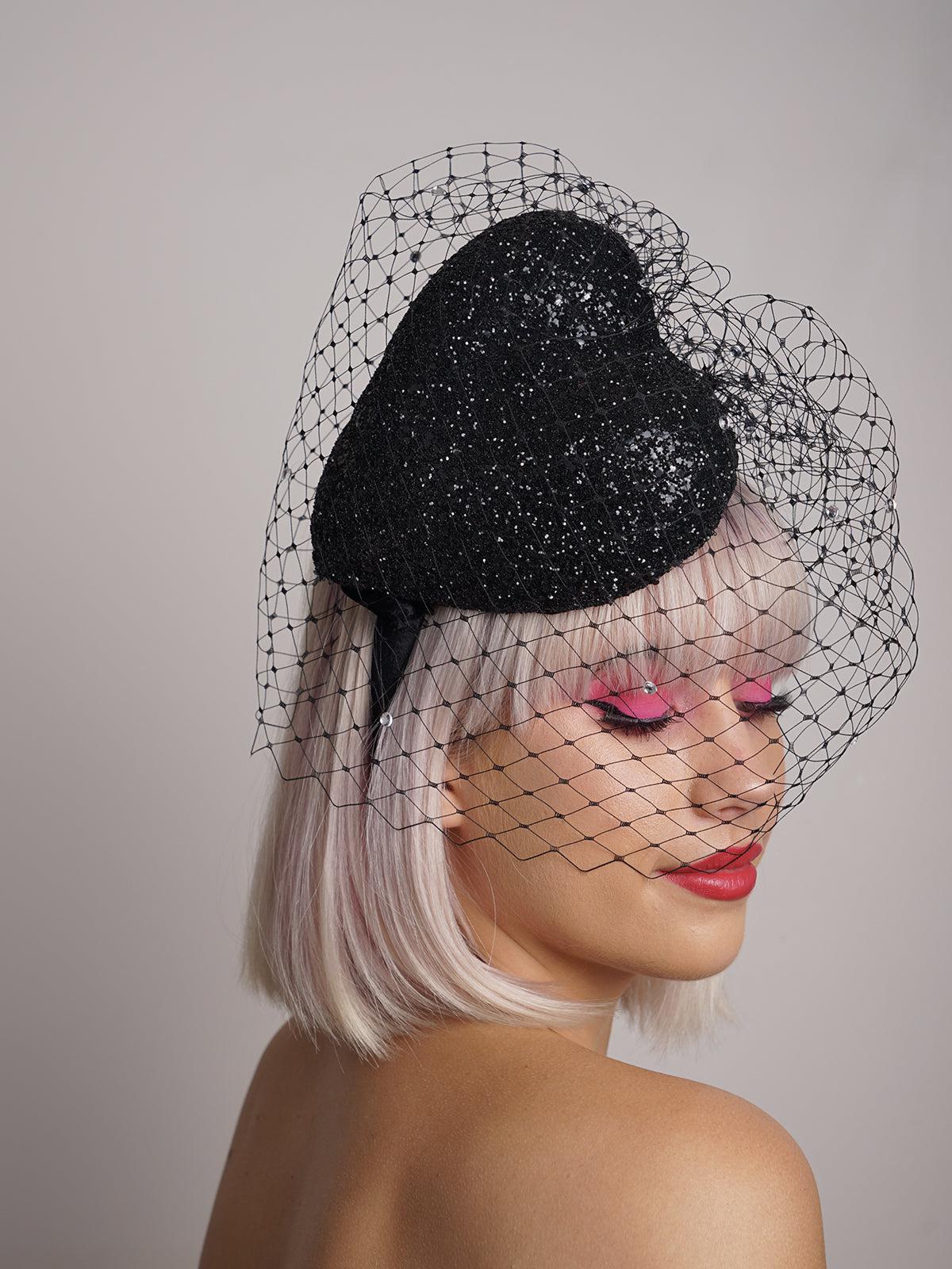 Black Glass Veiled Pillbox