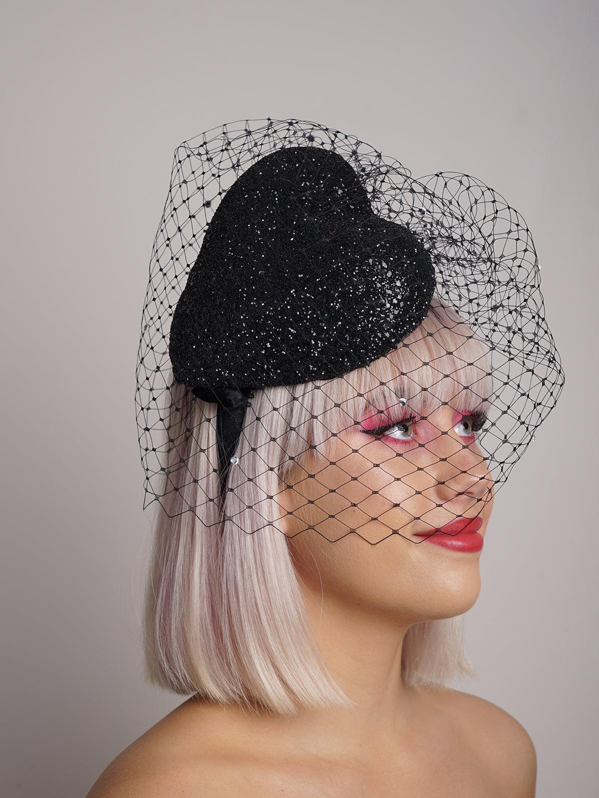 Black Glass Veiled Pillbox