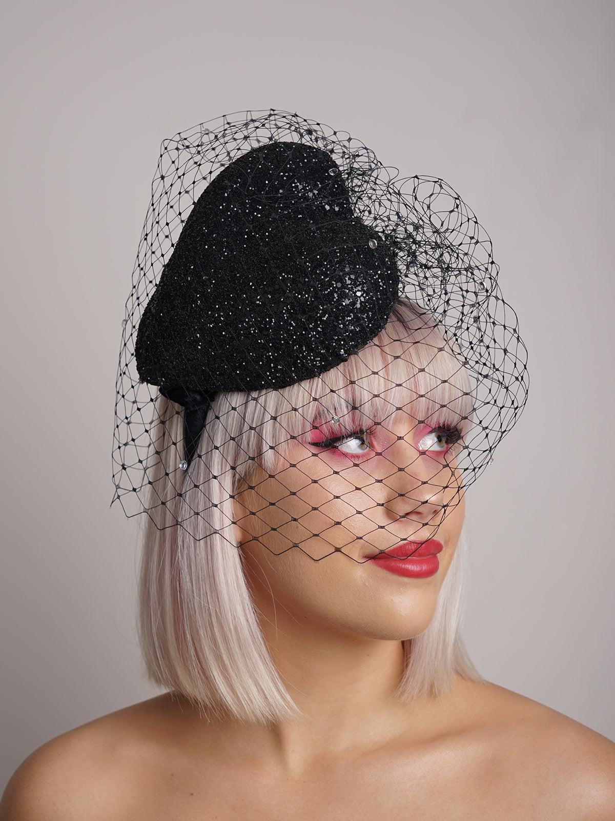 Black Glass Veiled Pillbox