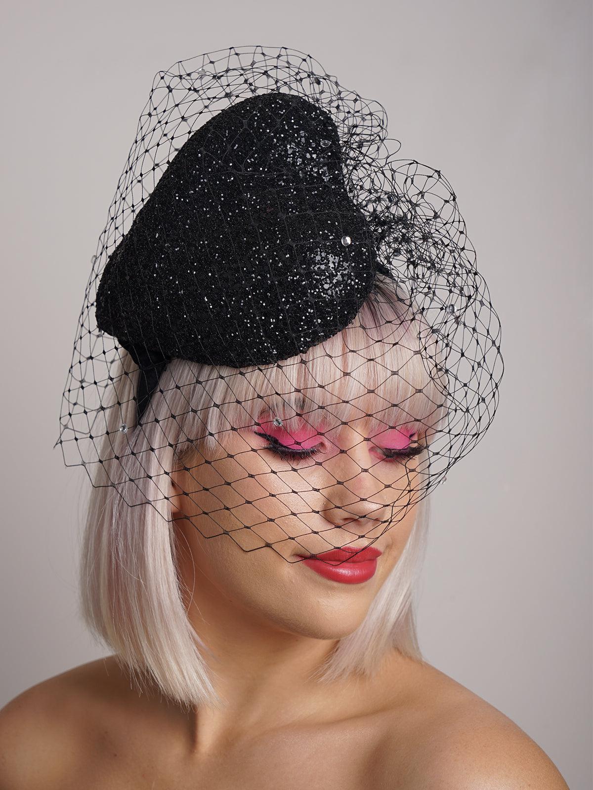 Black Glass Veiled Pillbox