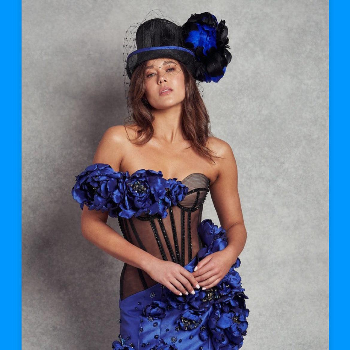 Black Blue Flower Top Hat