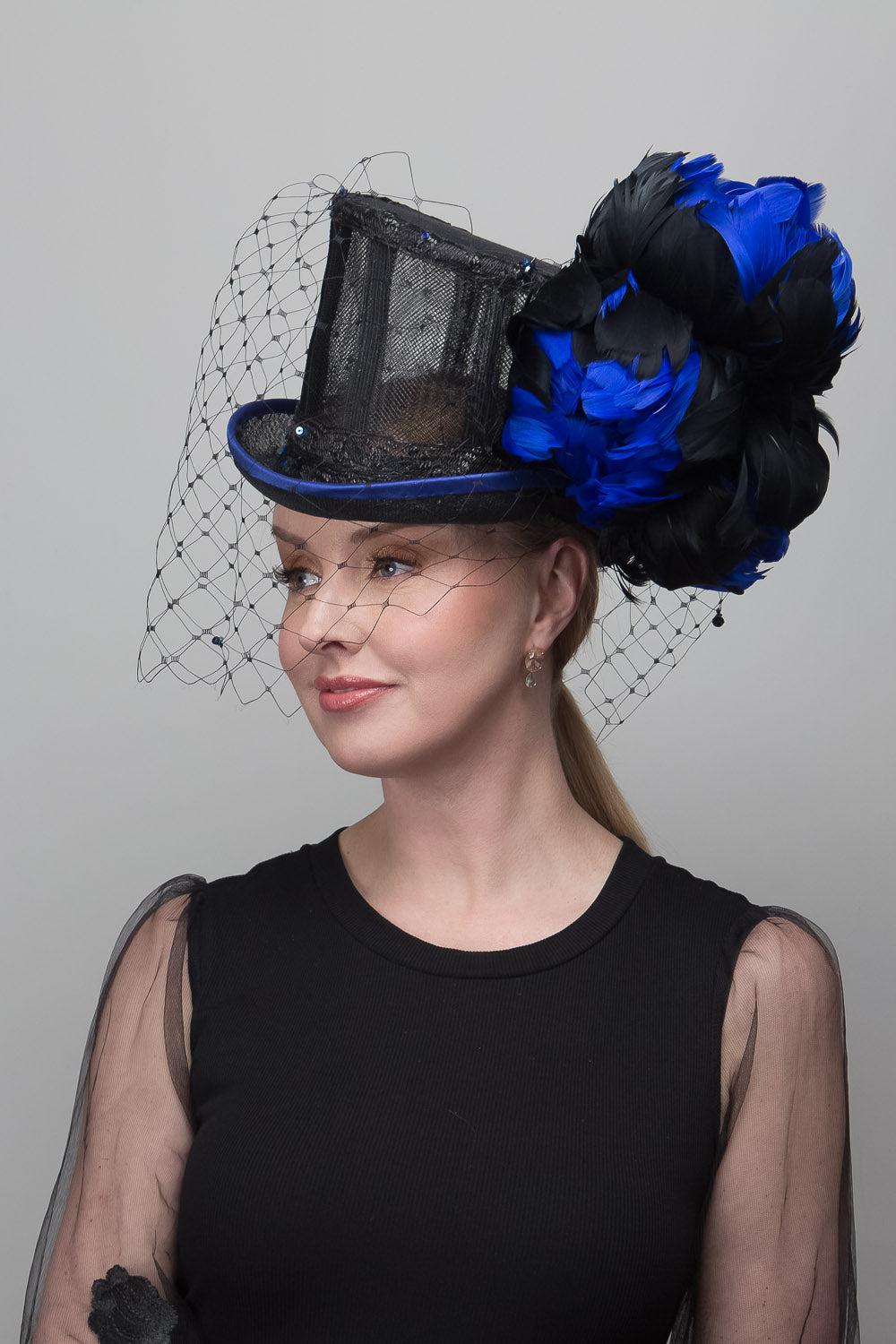 Black Blue Flower Top Hat