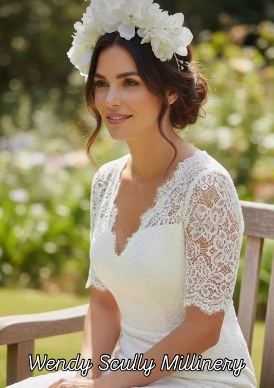 White Floral Fabric Headband Crown