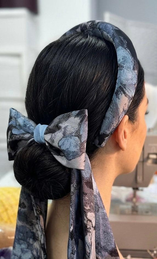 Blue Floral Rear Halo with bow.