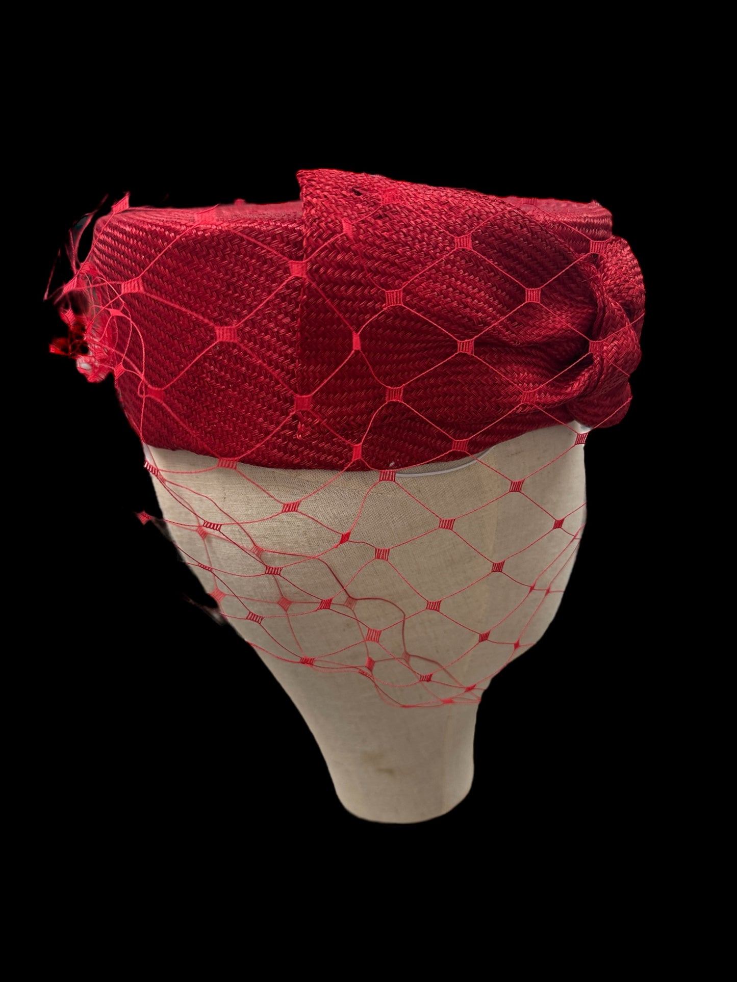 Red Straw Pillbox with Veil