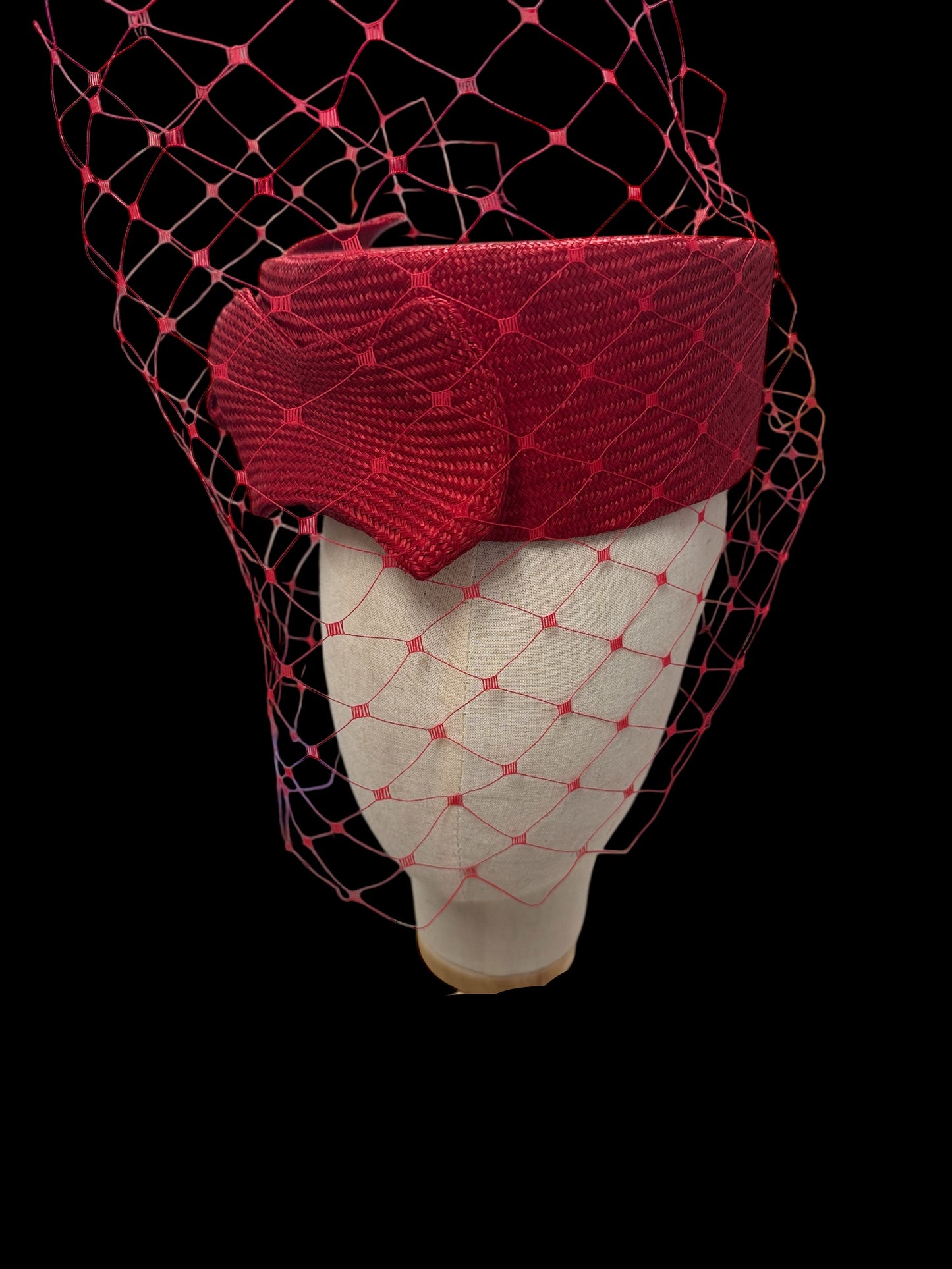 Red Straw Pillbox with Veil