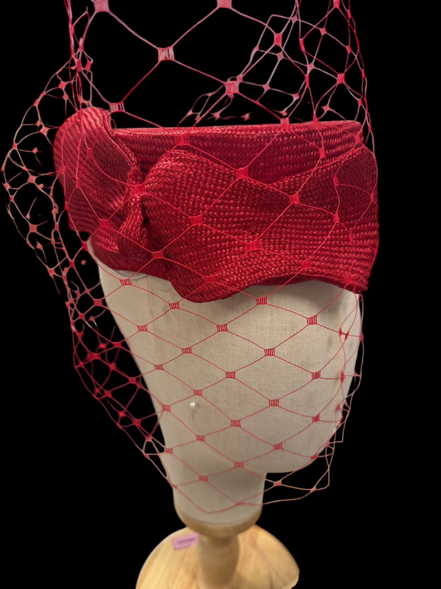 Red Straw Pillbox with Veil