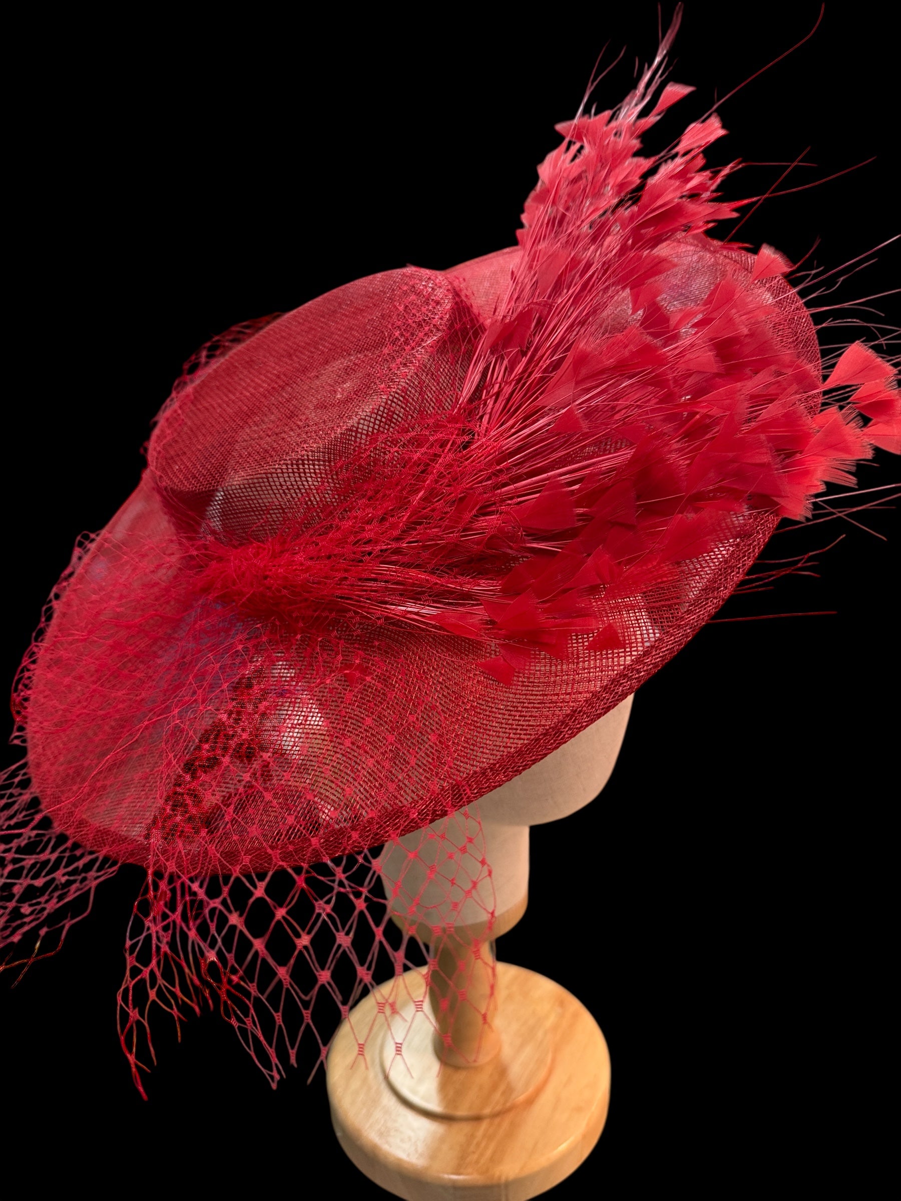 Red Boater with Feather Trim