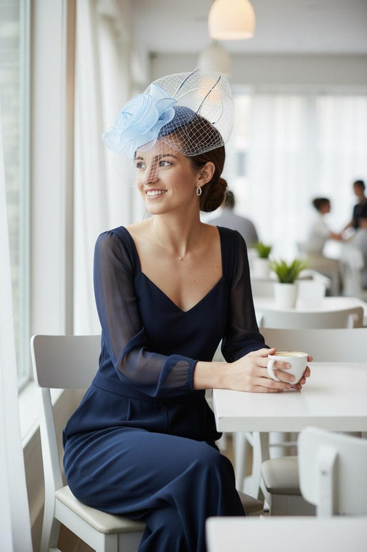 Pastel Blue Button Hat with Veiling