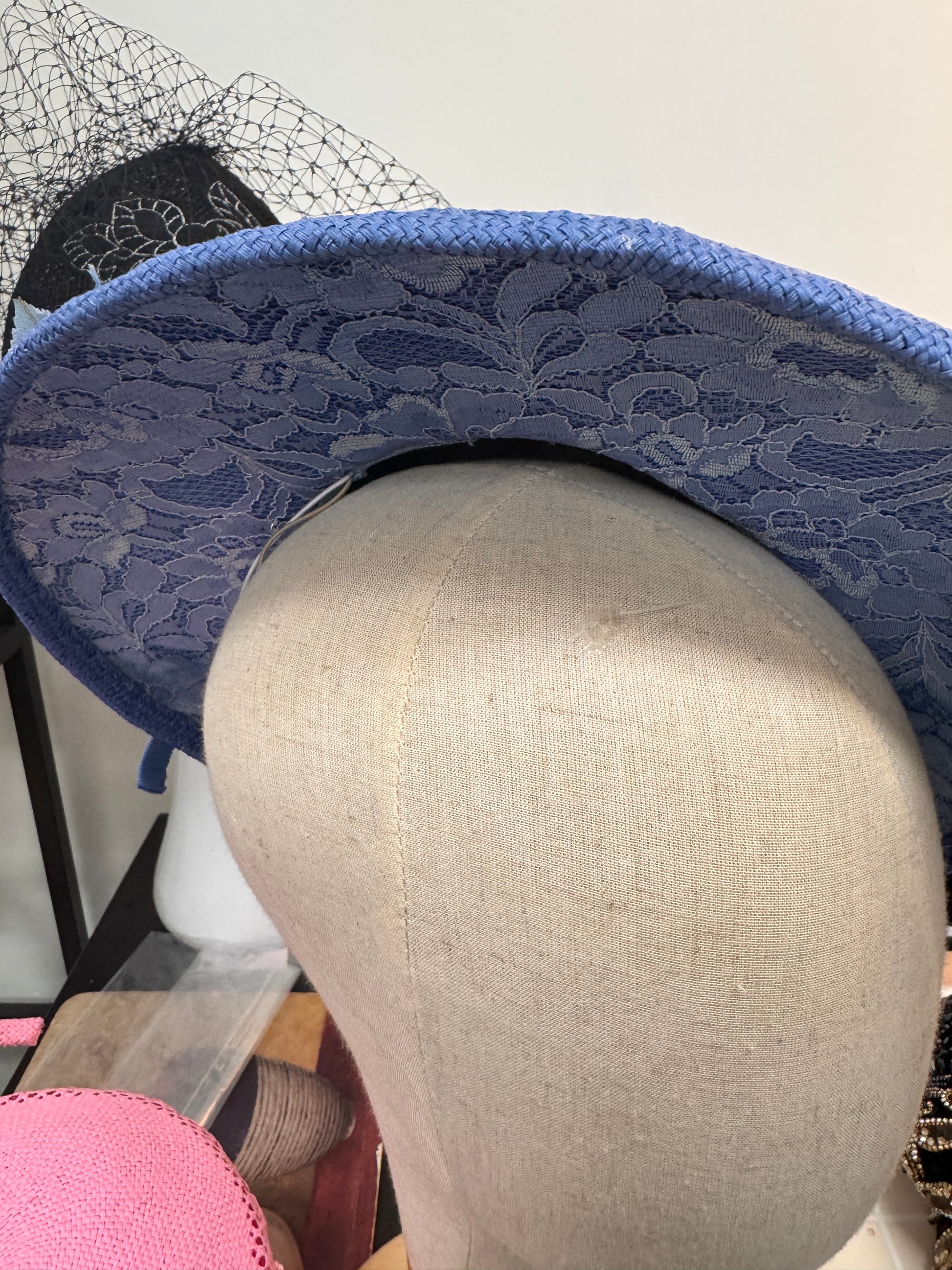 Blue Short Brimmed Hat with Veiling