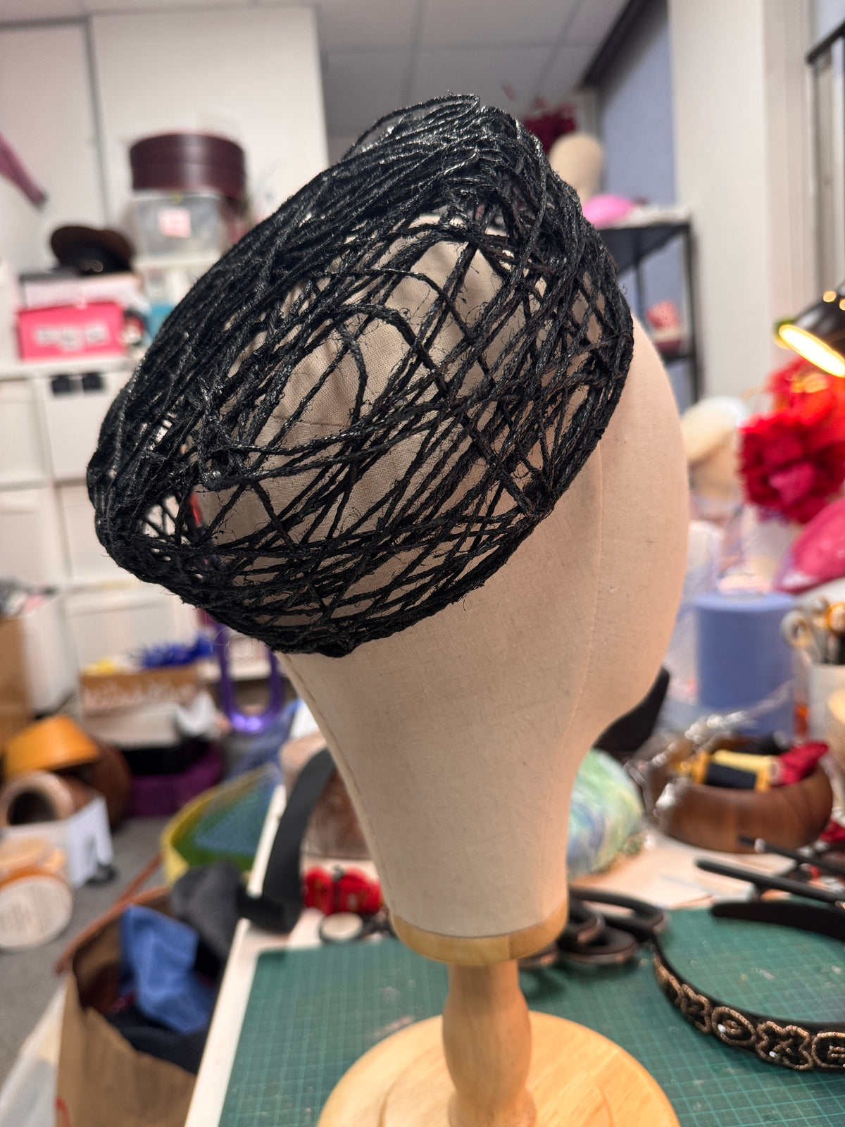 Black String Mesh Pillbox Hat