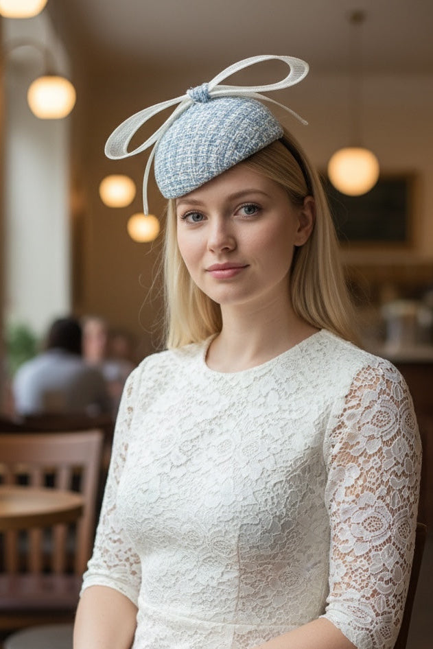 Blue White Tweed Fabric Button Hat
