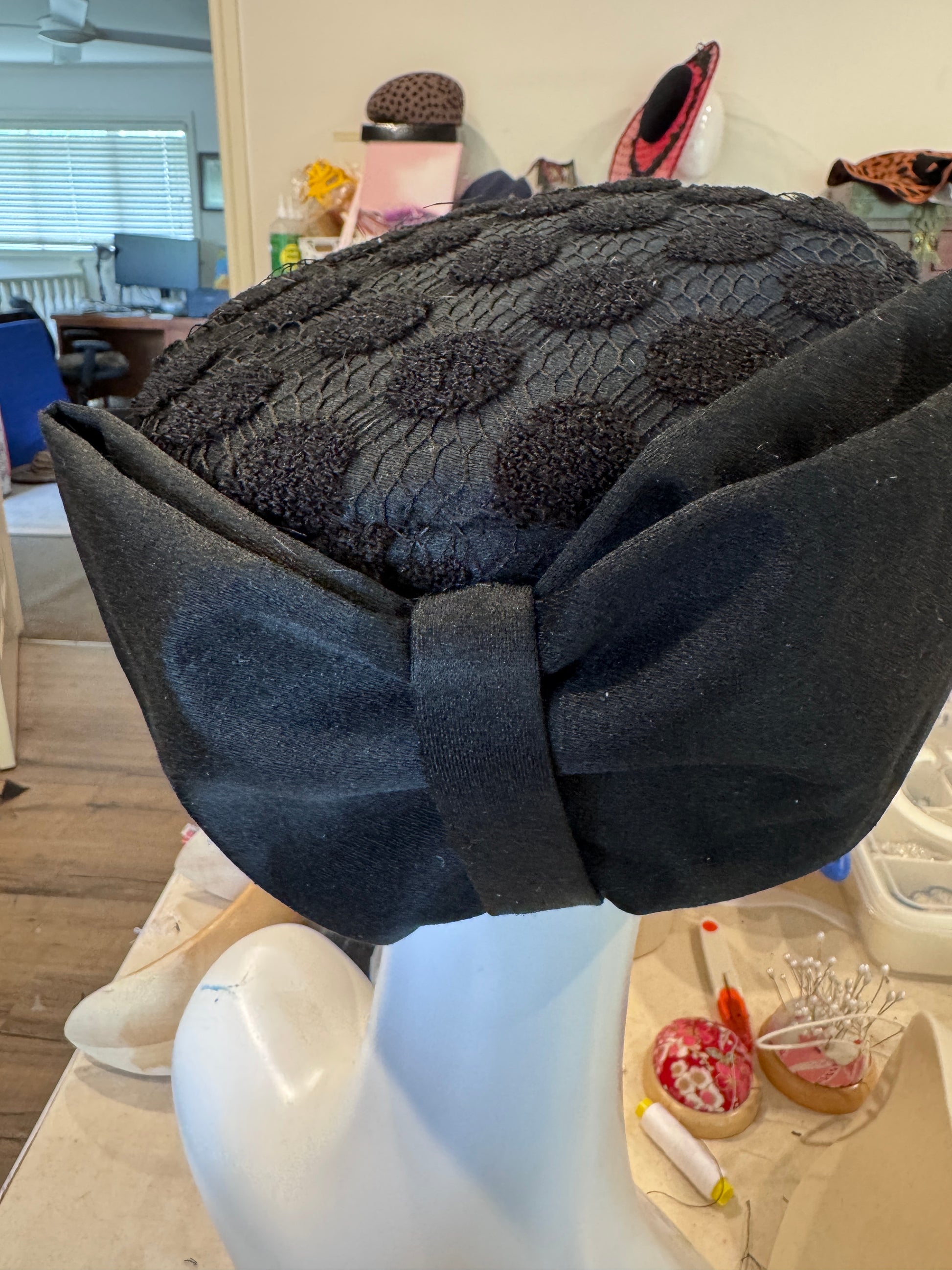 Black Textured Lace Pillbox Hat