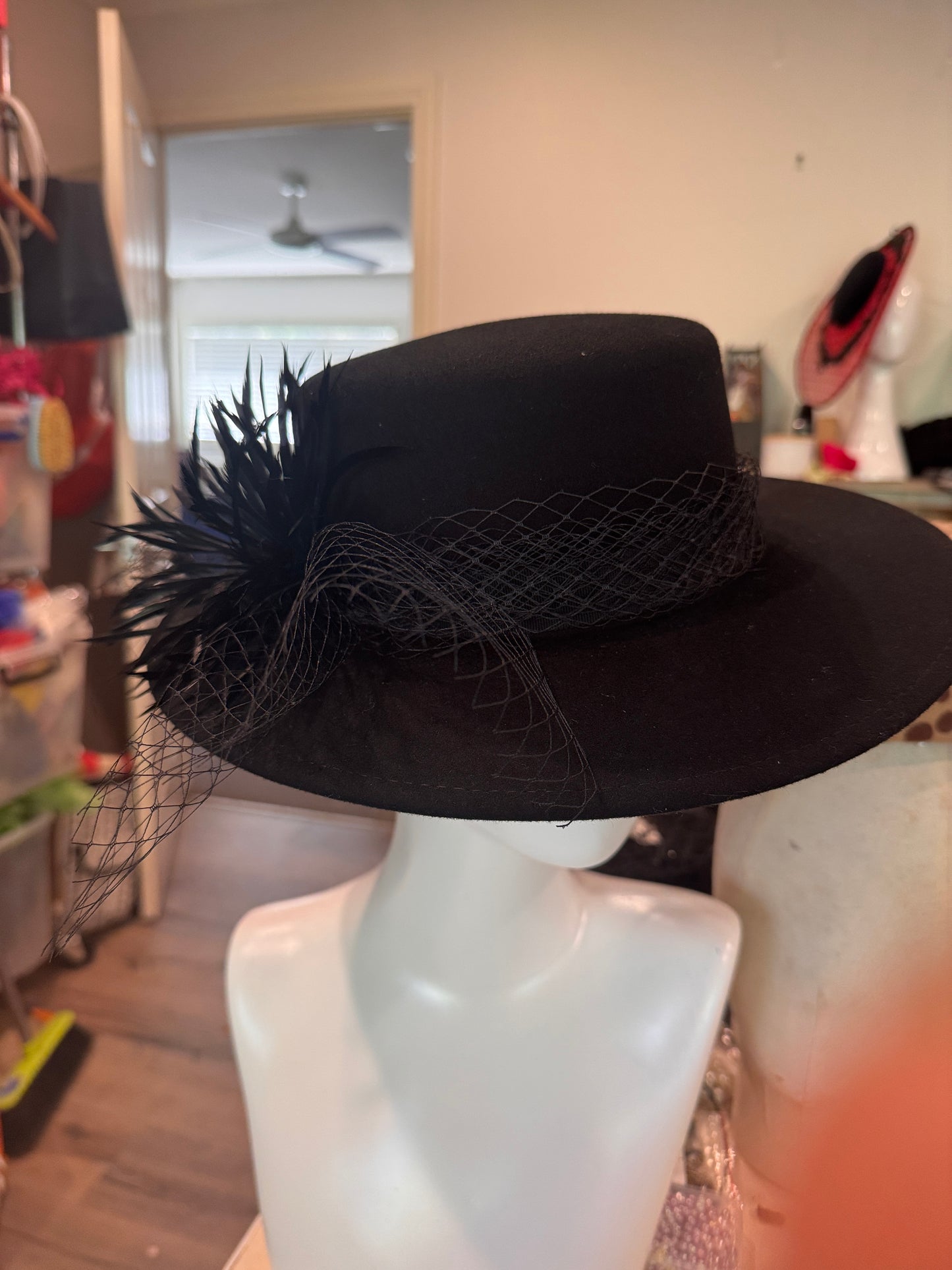 Black Felt Hat with Feather trim
