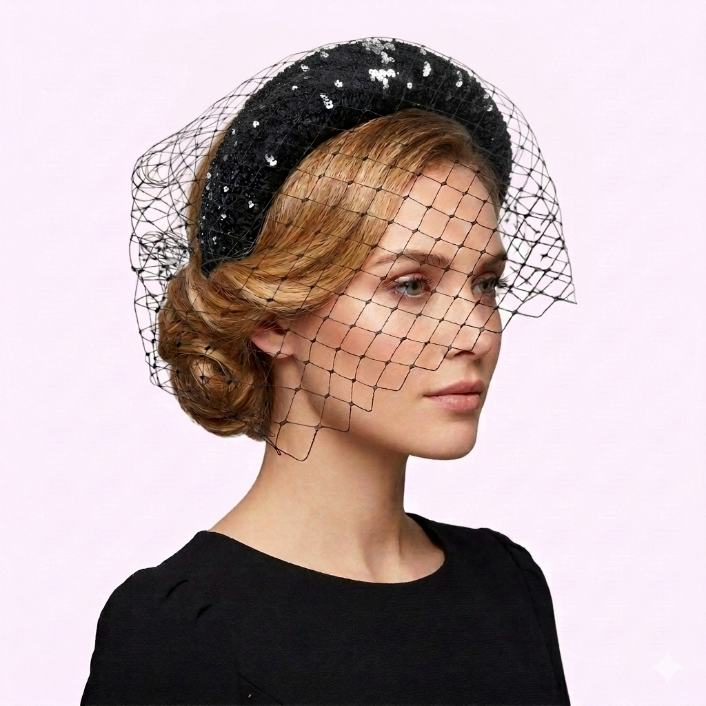 Black Sequin Bandeau with Veil