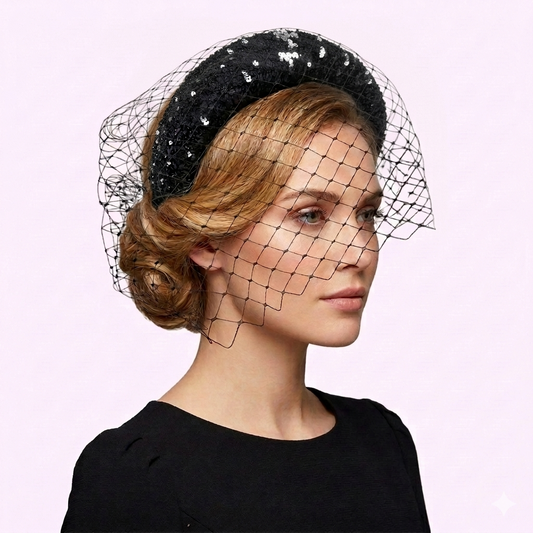 Black Sequin Bandeau with Veil