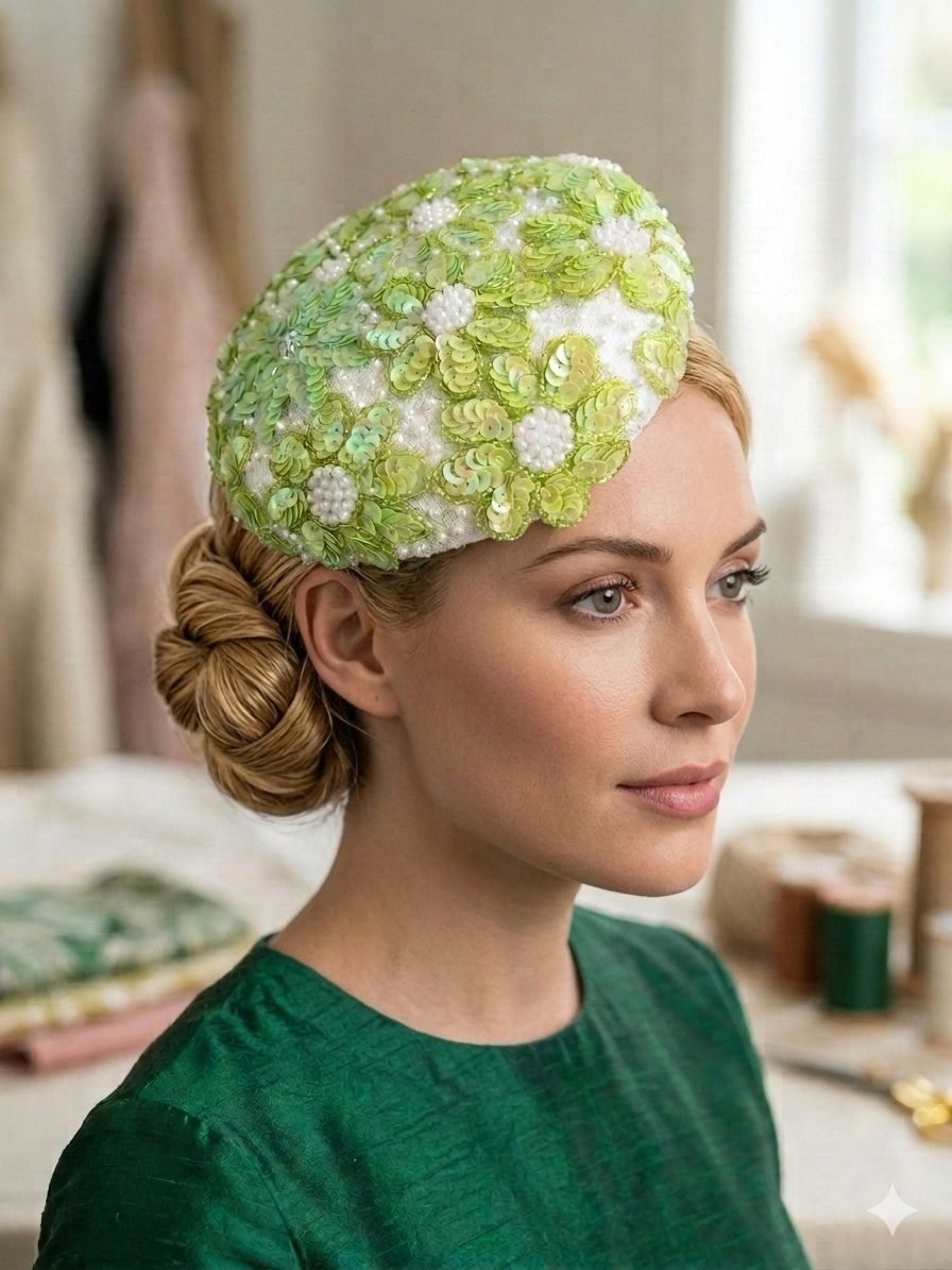 Green and White Beaded Button Hat