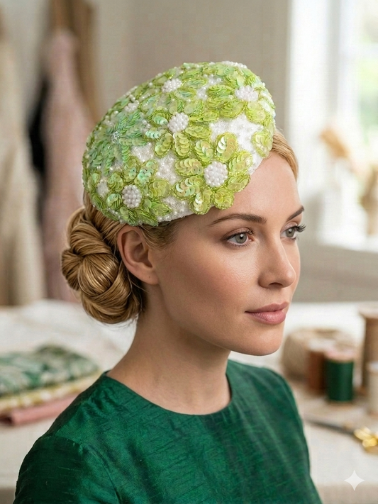 Green and White Beaded Button Hat