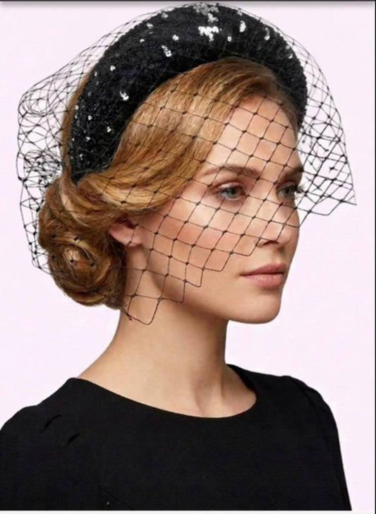 Black Sequinned Headband with a Veil