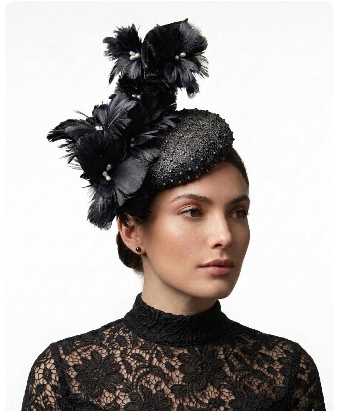 Black Mesh Feather Flower Button Hat