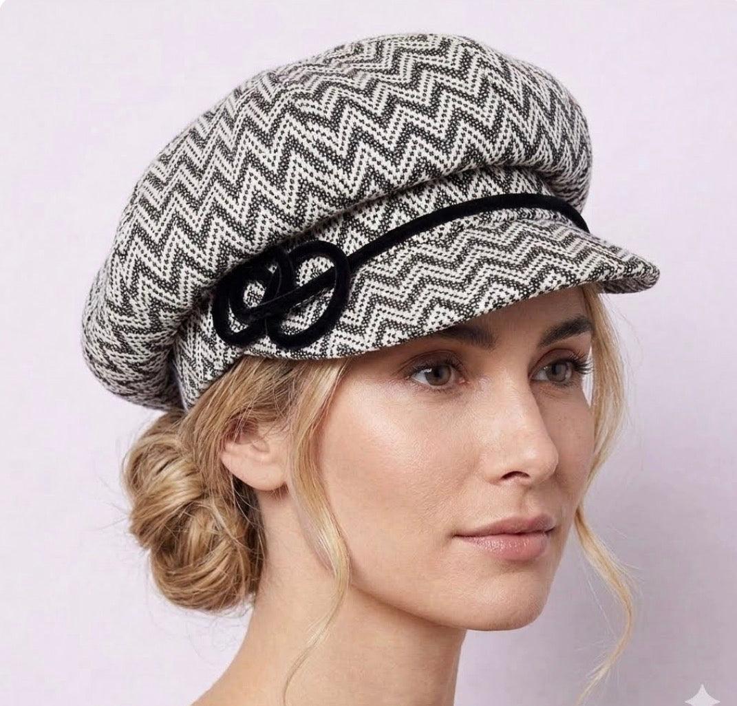 Black White Zigzag Newsboy Cap velvet trim